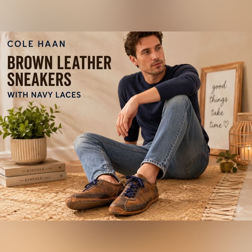 Cole Haan Brown Leather Sneakers with Navy Laces